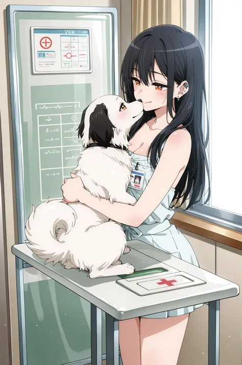 masterpiece, anime artwork, score_9_up, score_8_up, beautiful 20-year-old Japanese woman with caring anime features, gentle reassuring smile showing pet owner devotion, from an angle capturing veterinary clinic atmosphere during routine pet examination BRE...