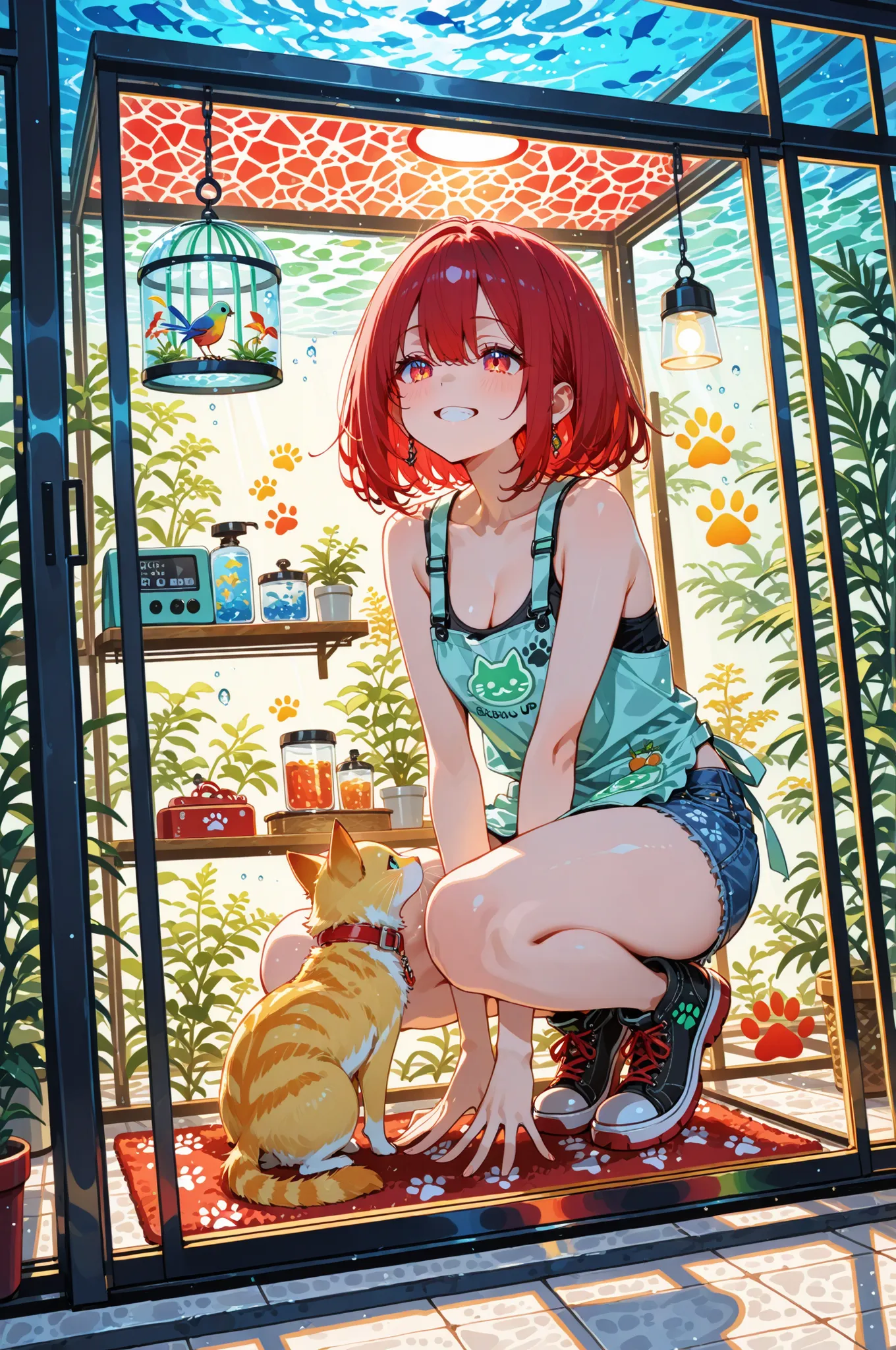masterpiece, anime artwork, score_9_up, score_8_up, beautiful 20-year-old Japanese woman with delighted anime features, joyful infectious laughter showing animal interaction happiness, from an angle capturing pet store atmosphere during small animal viewin...