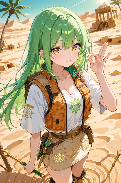 masterpiece, anime artwork, score_9_up, score_8_up, beautiful 20-year-old Japanese woman with adventurous anime features, playful flirtatious smile while blowing kiss gesture, from an angle showcasing desert oasis atmosphere during archaeological expeditio...