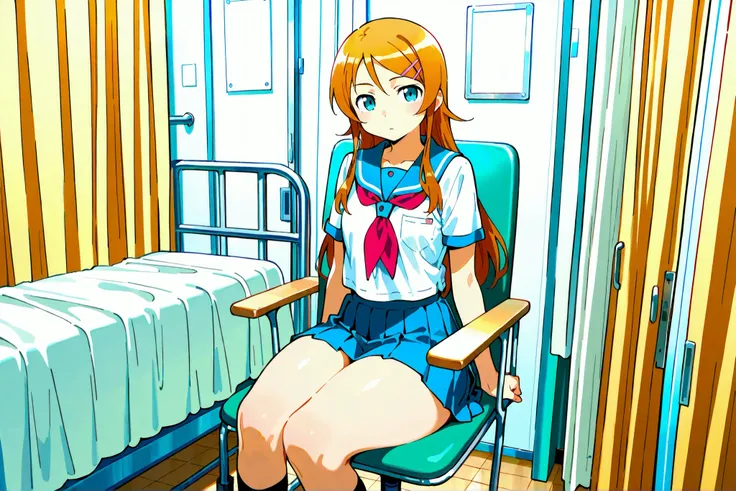 Expressionless kousaka kirino, serafuku, blue pleated skirt,short sleeves, red neckerchief,black socks, infirmary,sitting on chair,thick thighs,looking at viewer
