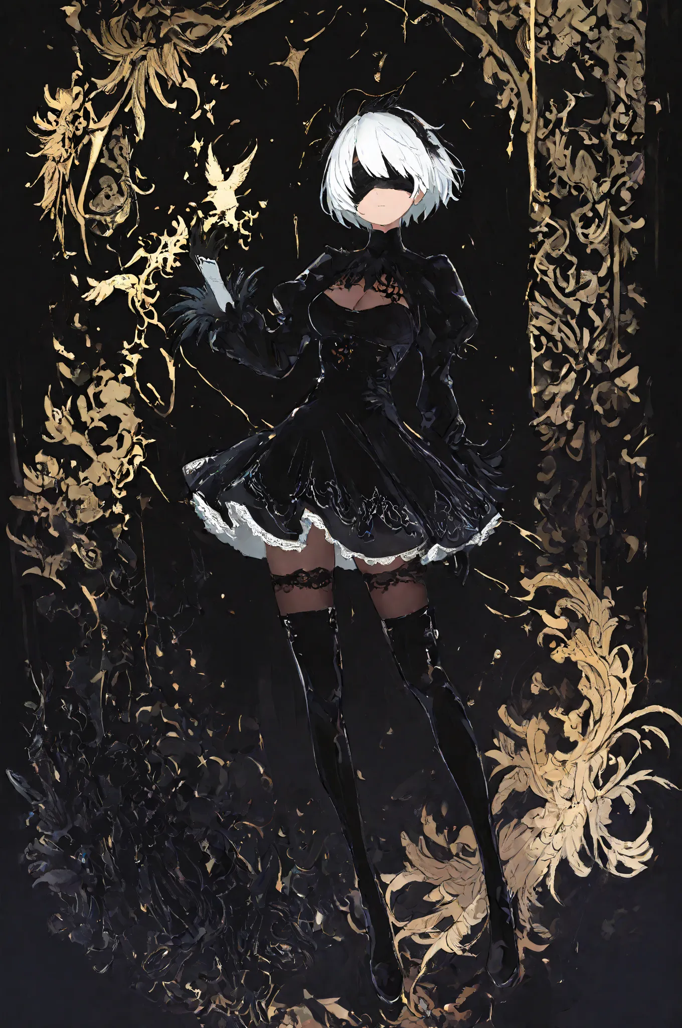 black dress, feather-trimmed sleeves, thigh boots , lace trim, long sleeves, ,2b_outfit, ,砂漠の遠景、生活をする人々、