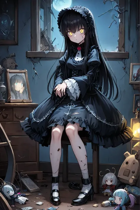 Dark fantasy anime art, a forgotten porcelain doll (gothic lolita style) with pale cracked skin, suddenly opens her glowing yellow eyes in the moonlight. Her long black hair is tangled with cobwebs, and her delicate lace dress is torn and dusty from decade...