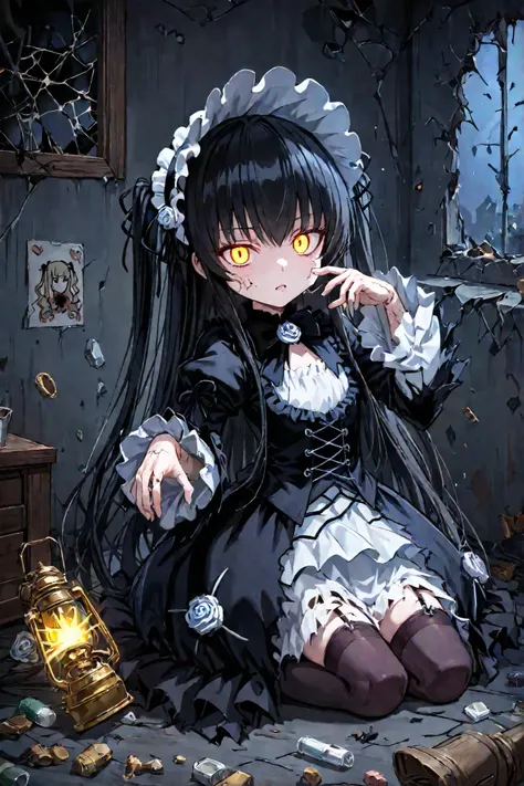 Dark fantasy anime art, a forgotten porcelain doll (gothic lolita style) with pale cracked skin, suddenly opens her glowing yellow eyes in the moonlight. Her long black hair is tangled with cobwebs, and her delicate lace dress is torn and dusty from decade...