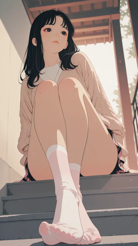 score_9, score_8_up , score_7_up , score_9,Score_9, Score_8_up , Score_7_up ,Best quality, masterpiece, gentle lighting,  
A young woman sits on perforated concrete stairs wearing beige knit cardigan over pink tartan mini skirt, legs adorned with textured ...