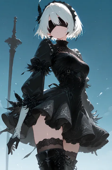 black dress, feather-trimmed sleeves, thigh boots , lace trim, long sleeves, ,2b_outfit, ,砂漠の遠景、生活をする人々、