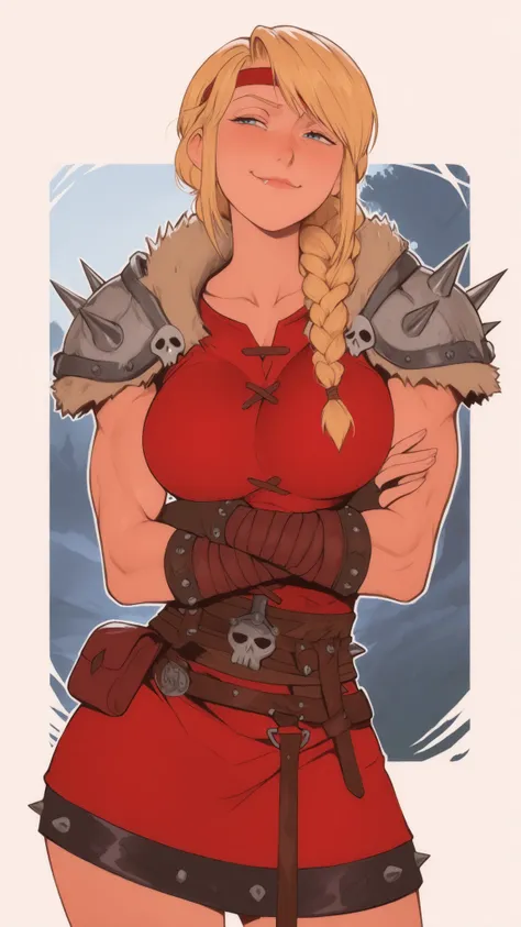 flat color, WaifuDiffusionStyle, neutral background, white splash stylized outline background——-1girl, astrid_hofferson, ((mature woman)), muscular arms, blonde_hair, braided_hair, side_bangs, blue_war_paint, breast, confident_expression, viking_attire, fu...