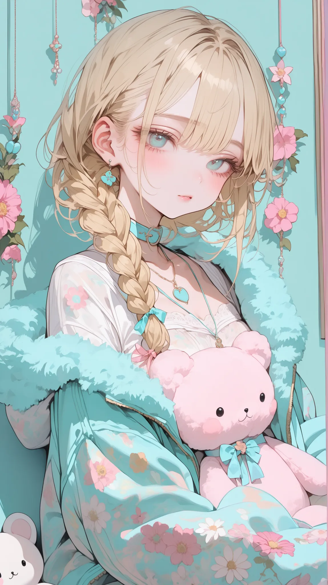 a young woman with blond hair braided up、sits with her back against a turquoise wall。cozy、It's an attractive atmosphere 。It's further enhanced by symbols such as floral patterns and pastel colors。The woman wears a fluffy turquoise jacket and、themed look、is...