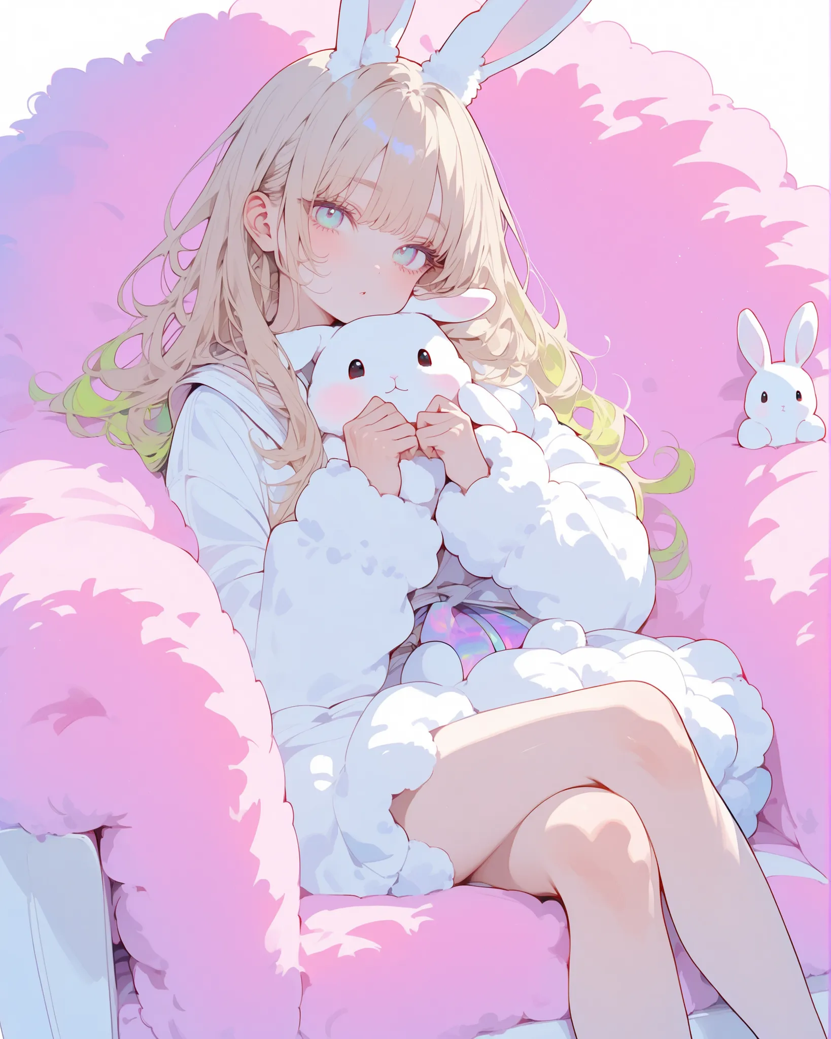 rabbit therapist sitting in a fluffy chair。All white、fluffy miniskirt、The background is a color that sinks the entire space、psychedelic