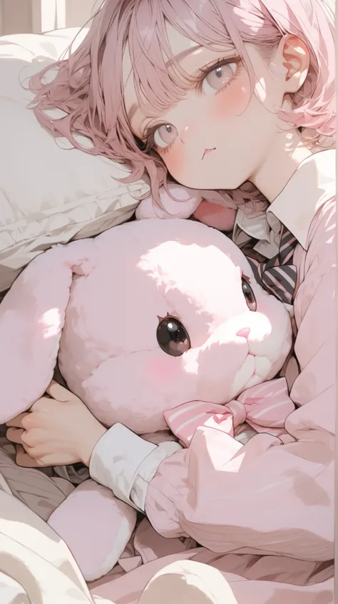A person, likely a young man indicated by the short hair, is lying down while holding a plush pink rabbit. The scene conveys a sense of comfort and ease, as the individual's hands gently clasp the stuffed toy. The rabbit is large, with pronounced features ...