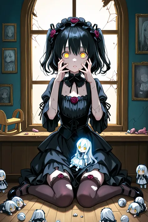 Dark fantasy anime art, a forgotten porcelain doll (gothic lolita style) with pale cracked skin, suddenly opens her glowing yellow eyes in the moonlight. Her long black hair is tangled with cobwebs, and her delicate lace dress is torn and dusty from decade...