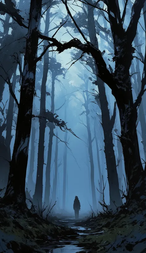 The image depicts a dense forest scene shrouded in mist, creating a mysterious and eerie atmosphere. Tall trees dominate the background, their branches intertwining and partially obscuring the sky. The forest floor is covered with low vegetation, and there...