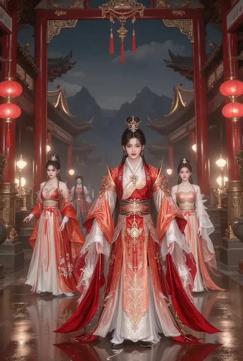 The festive atmosphere of the ancient Chinese dynasty in a large luxurious palace with Hong Te, Hong Hao and servants dressed in ancient Chinese costumes. The atmosphere is at night, illuminated by the light of lanterns.