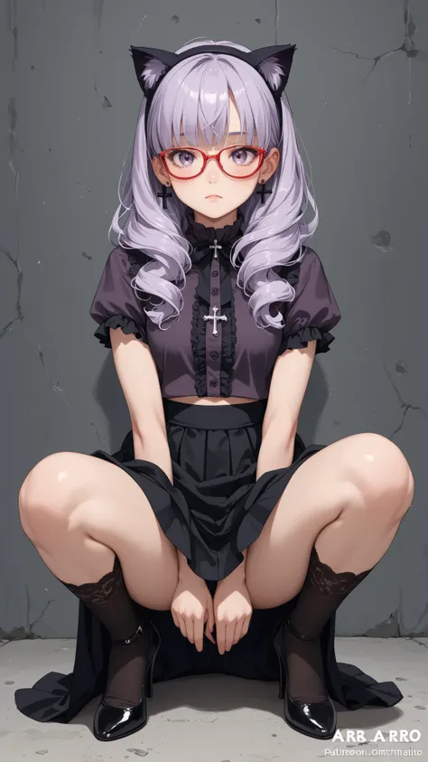 score_9, score_8_up , score_7_up , score_9,Score_9, Score_8_up , Score_7_up ,(((Best quality))), ((sharp focus)), full body shot,  
A delicate girl with flowing lilac hair sits cross-legged on a gray floor, wearing black cat-ear headband and red glasses. H...