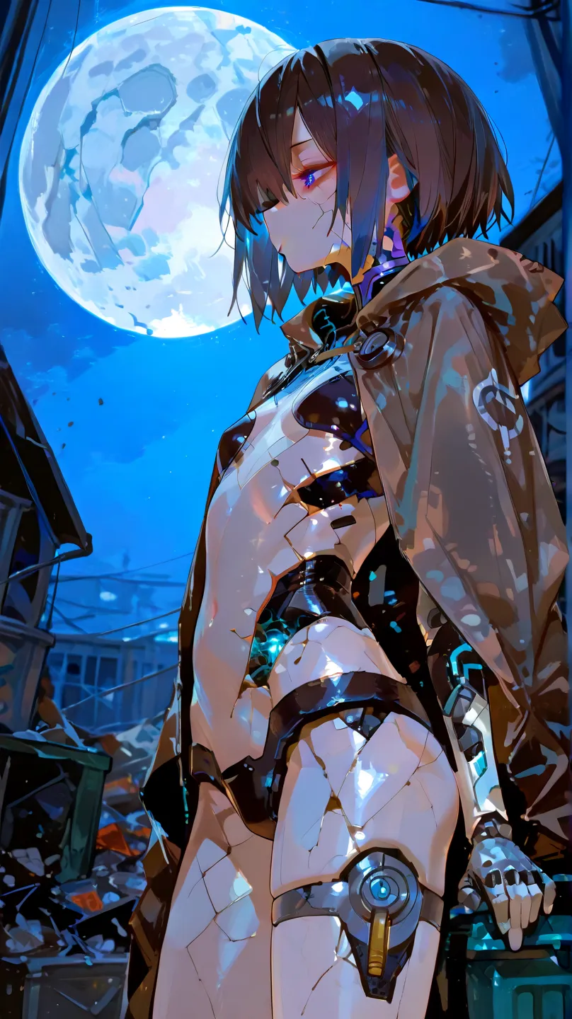  masterpiece, 最High Quality, High Quality, very aesthetic, Newest, Detailed Scenery, Rich lighting, depth of field,Cyber JK、Machine Girl、solo ,(( broken cyborg girl )) ,tattered brown cloak、A tattered cybersuit、((Cracked Body))、short hair, dark haired、blue eyes、narrow eyes、flat chest、Pointy Chest、short stack,Mechanical prosthesis、right hand is missing、profile、No expression、( cracked face)、((There is no light in the right eye))、thighs are flesh-colored artificial muscles、((trying to stand up))、viewers watching from below、garbage dump background、( TRASH PILE )、Pile of scrapped cars 、Junk、Machine trash、(( full moon))、
