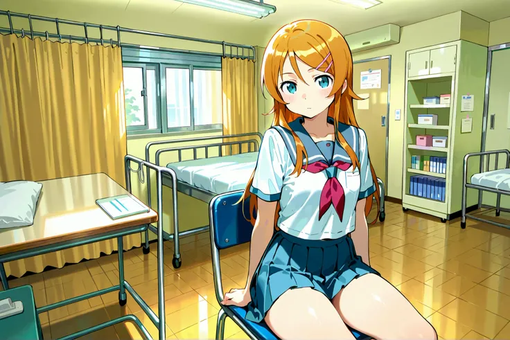 Expressionless kousaka kirino, serafuku, blue pleated skirt,short sleeves, red neckerchief,black socks, infirmary,sitting on chair,thick thighs,looking at viewer