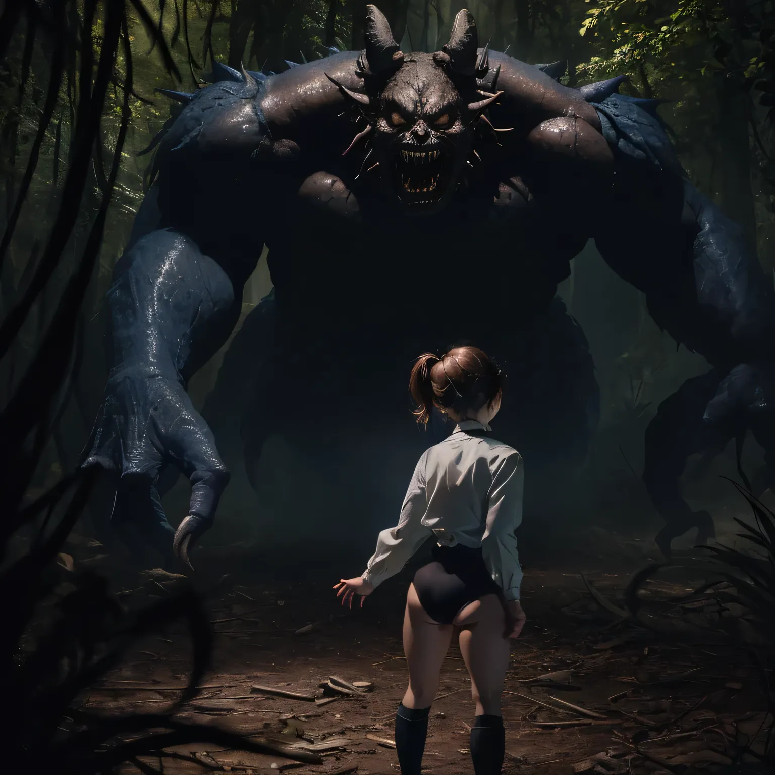 Girl, wearing a Black gymnastics bloomers,high leg ,white blouse、Scared girl、shout、Convulsing with fear、Girl being attacked by a monster、Girl caught by monster、be killed、There are a lot of monsters in the background、Girl surrounded by monsters、Solo,back sh...