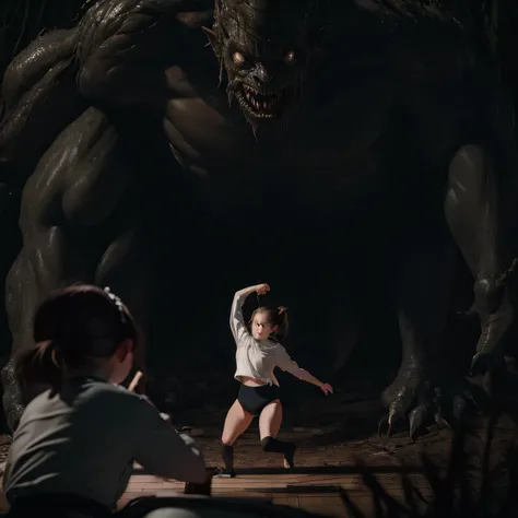 Girl, wearing a Black gymnastics bloomers,high leg ,white blouse、Scared girl、shout、Convulsing with fear、Girl being attacked by a monster、Girl caught by monster、be killed、There are a lot of monsters in the background、Girl surrounded by monsters、Solo,back sh...