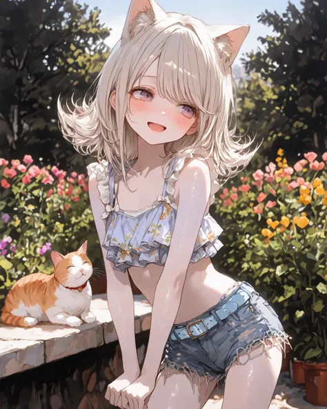 ((Masterpiece)), ((best quality, amazing quality)), ((very aesthetic, absurdres, newest)), (8K), ((wide shot)), ((1girl)), (cute young girl), (Healthy body, Textured skin, small chest, tilt head), (put on cat ears), ((Ruffled bikini, pale blue belt, denim ...