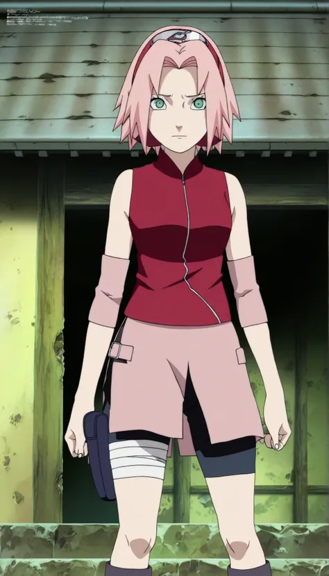 1girl,haruno sakura standing look at the viewer, BREAK pink hair, short hair, red hairband, green eyes, parted bangs, BREAK red sleeveless minidress, zipper, pink miniskirt, bandaged thigh, BREAK medium breasts, beautiful body, beautiful legs ,lift legs, m...