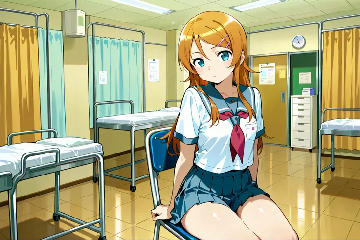 Expressionless kousaka kirino, serafuku, blue pleated skirt,short sleeves, red neckerchief,black socks, infirmary,sitting on chair,thick thighs,looking at viewer