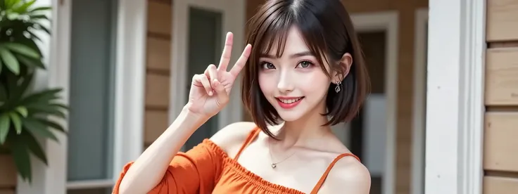 The entrance to a luxurious Western-style hotel, There is a large, white door, the door is closed and intricately decorated,a woman standing in front of the door , gorgeous and flashy orange no-shoulder dress, An orange haori, peace sign all around, bright...