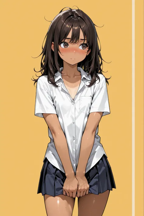 ((1 Boy like a girl)),Super Detailed,absolute resolution,(dynamic angles),(tanned skin:0.3),portrait,((pinup)),shirt tug,white shirt,(short sleeves),collared shirt,[open collar],(untucked shirt),Navy blue pleated miniskirt,bare foot,detailed and beautiful ...