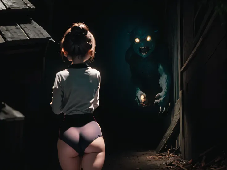 Girl, wearing a Black gymnastics bloomers,high leg ,white blouse、Scared girl、shout、Convulsing with fear、Girl being attacked by a monster、Girl caught by monster、be killed、There are a lot of monsters in the background、Girl surrounded by monsters、Solo,back sh...