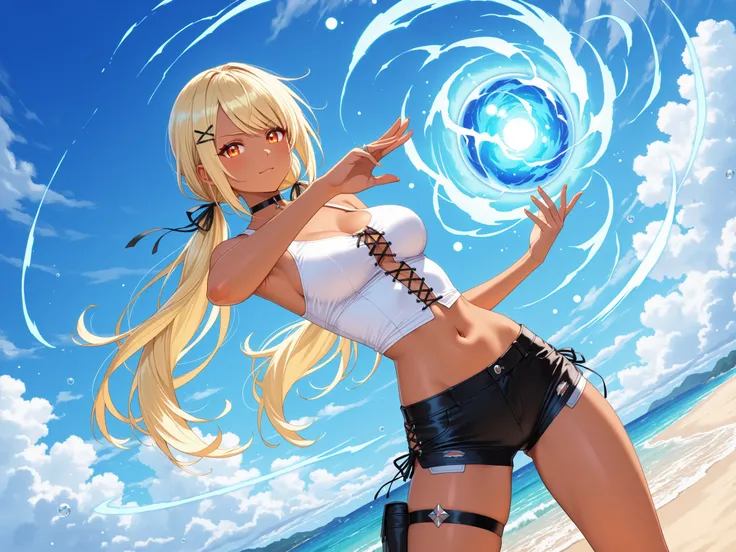 solo,masterpiece,best quality, masterpiece, Super detailed,High resolution,Extremely detailed CG,QpiCos1 dark skinned female, orange eyes, blonde hair, long hair, low twintail, hair ribbon, hairclip, choker, white shirt, midriff, black shorts, thigh strap,...