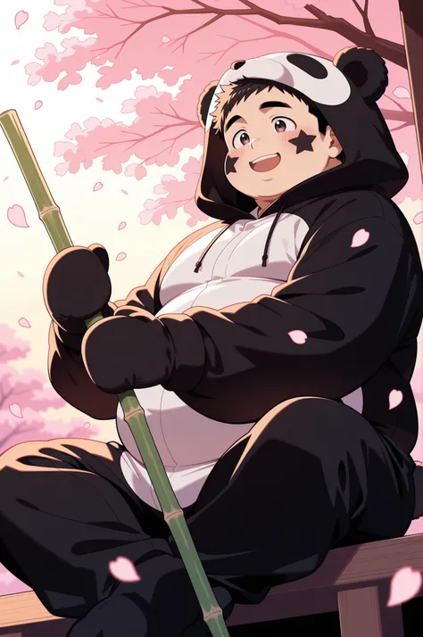 ultra-detailed, vivid colors, absurdres, aesthetic, cinematic lighting, BREAK Adult, 1boy, chubby, wearing a fluffy panda kigurumi, round face, smiling warmly, sitting cross-legged on a wooden porch, cherry blossom petals falling, soft sunset glow, holding...