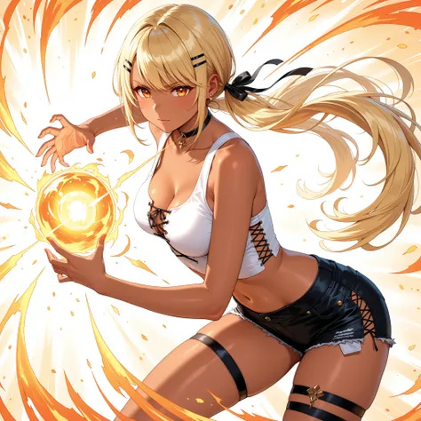 solo,masterpiece,best quality, masterpiece, Super detailed,High resolution,Extremely detailed CG,QpiCos1 dark skinned female, orange eyes, blonde hair, long hair, low twintail, hair ribbon, hairclip, choker, white shirt, midriff, black shorts, thigh strap,...