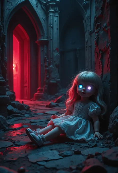 best quality picture of doll, with one glowing eye, on the floor in an abandoned fantasy castle,  red light shines behind one of the walls, the doll wears a glamours dress, wearing doll shoes, dynamic background, vibrant, Ultra-high resolution, High Contra...
