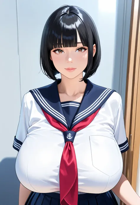 (masterpiece, details, top quality, 8K, [realistic], absurd:1.2), Japanese Women, 1 high school girl, beautiful character design, Plain face, (black hair, middle hair, bob cut, blunt bangs),  美しくdetailsな目の描写, expressive eyes, brown eyes, Japanese woman who...