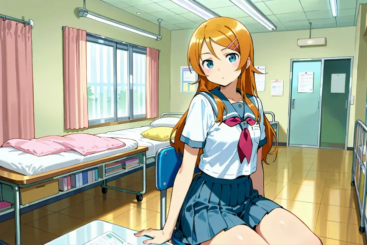 The expressionless Kirino Takasaka, Serofu, blue pleated skirt,short sleeve, red tie,Black Socks, infirmary,between boys,thighs are thick,watching viewers