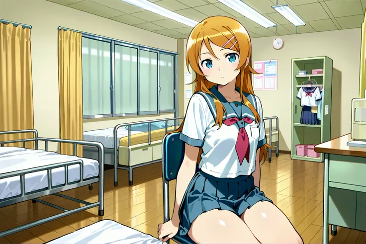The expressionless Kirino Takasaka, Serofu, blue pleated skirt,short sleeve, red tie,Black Socks, infirmary,between boys,thighs are thick,watching viewers