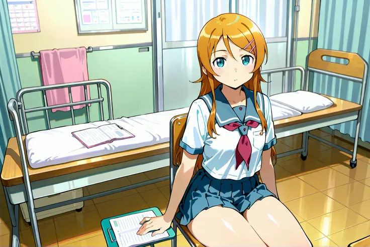 Expressionless kousaka kirino, serafuku, blue pleated skirt,short sleeves, red neckerchief,black socks, infirmary,sitting on chair,thick thighs,looking at viewer