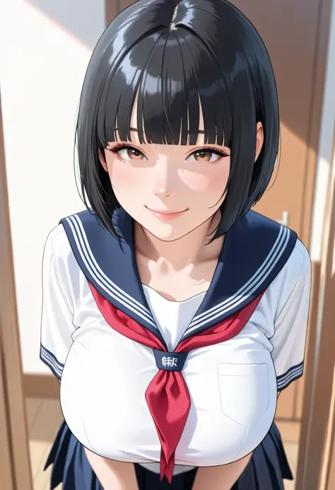 (masterpiece, details, top quality, 8K, [realistic], absurd:1.2), Japanese Women, 1 high school girl, beautiful character design, Plain face, (black hair, middle hair, bob cut, blunt bangs),  美しくdetailsな目の描写, expressive eyes, brown eyes, Japanese woman who...