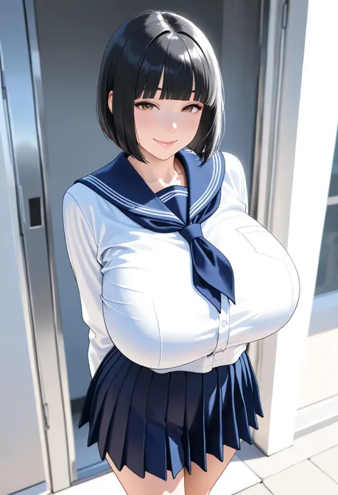 (masterpiece, details, top quality, 8K, [realistic], absurd:1.2), Japanese Women, 1 high school girl, beautiful character design, Plain face, (black hair, middle hair, bob cut, blunt bangs),  美しくdetailsな目の描写, expressive eyes, brown eyes, Japanese woman who...