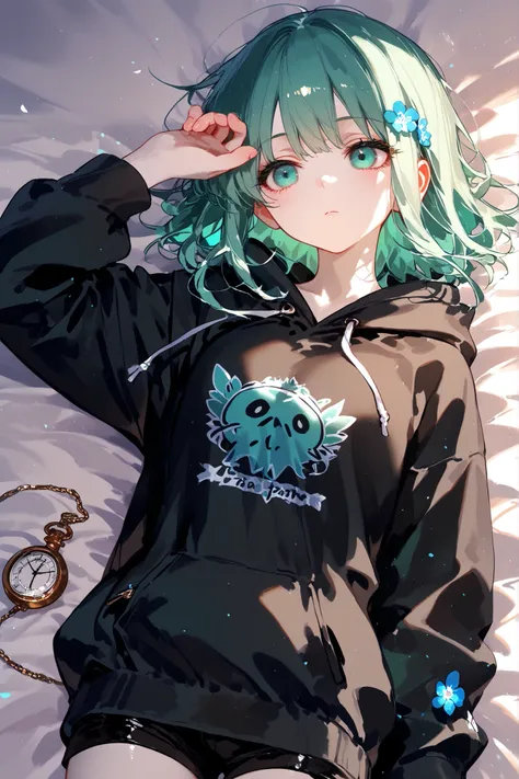 super detail, masterpiece, best quality, high resolution, beautiful, perfect hands, Anime girl female medium hair mint-green hair and mint-green eyes, Pale skin with matching pale eyelashes(black), Her eyes are accentuated by elegant black eyelashes that s...