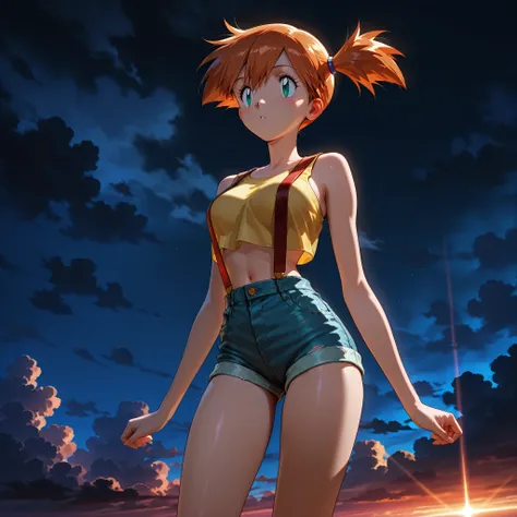 masterpiece, amazing quality, best quality, ultra-detailed, 8K, illustration, clear skin, ultra-detailed-eyes, soft skin, very awa, very as2, soft body, 1990s \(style\), official art, solo, misty, side ponytail, yellow tank top, suspenders, denim shorts, ,...