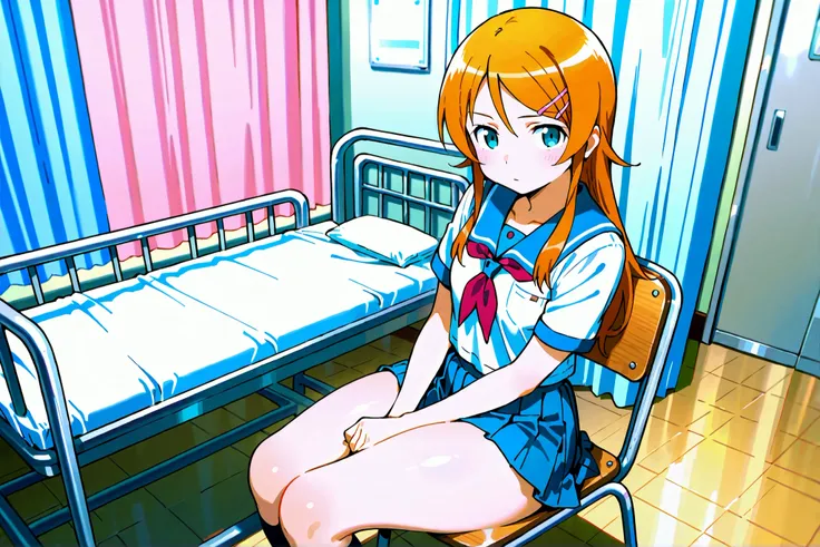 Expressionless kousaka kirino, serafuku, blue pleated skirt,short sleeves, red neckerchief,black socks, infirmary,sitting on chair,thick thighs,looking at viewer