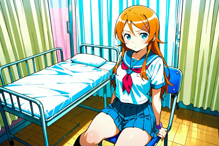 Expressionless kousaka kirino, serafuku, blue pleated skirt,short sleeves, red neckerchief,black socks, infirmary,sitting on chair,thick thighs,looking at viewer