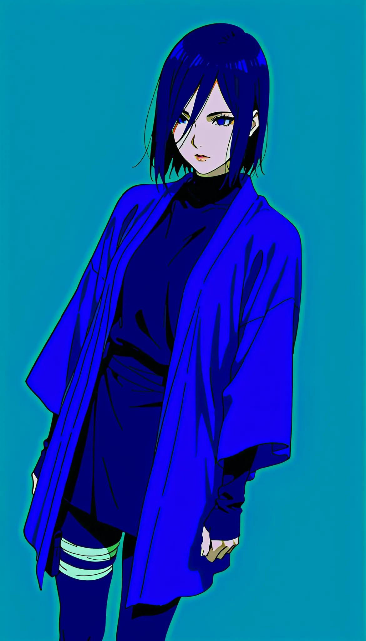 (((IZUMI NASE)))) walking confidently through a war field. The art style should closely match that of Naruto or similar shounen anime, with clean linework and soft shading. ((Solo)) haori with layered leg accessories (bandages, thigh pouch, dark ninja stoc...