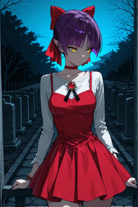  masterpiece, best quality , (1girl, solo, Catgirl, short hair, purple hair, one bundle of hair, hair ribbon,  Red Bow , Yellow Eyes, pointed ears, red choker,medium chest, nekonedef, color bone, long sleeve, white shirt, brooch, mini dress, Pinaphore Dres...