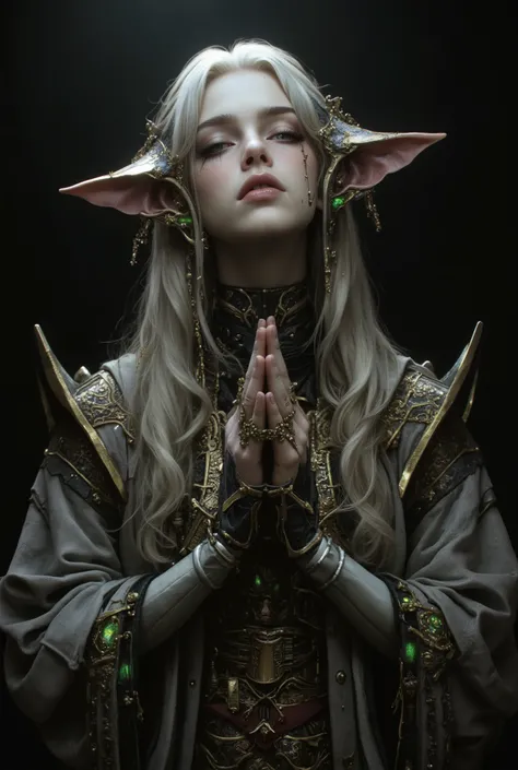 (best quality, 4k, highres, masterpiece:1.2) , ultra-detailed, (realistic, photorealistic:1.37), mysterious and beautiful female humanoid creature with glowing green eyes embedded in its iridescent armor, her hands are clasped together as if in prayer, ele...