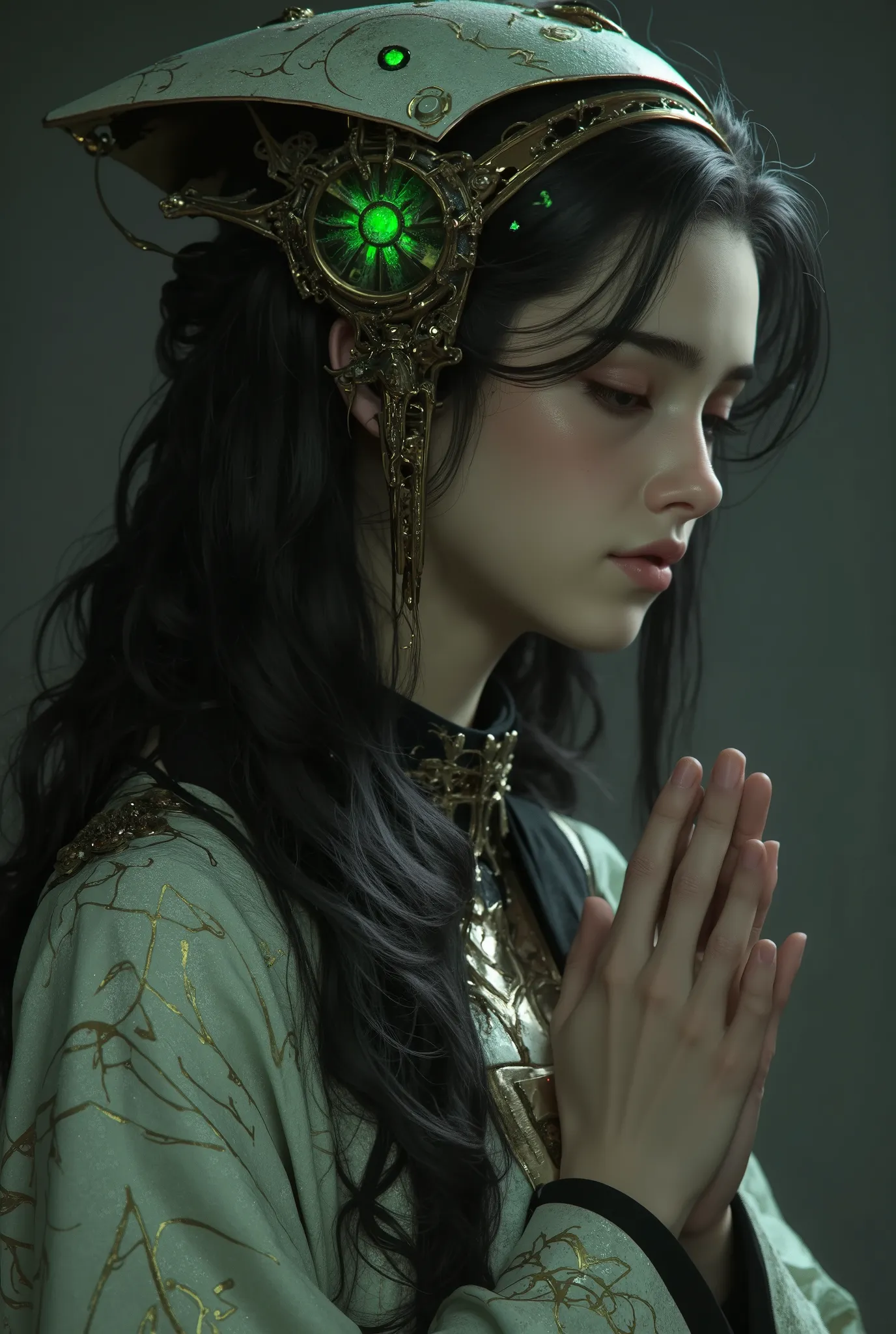 (best quality, 4k, highres, masterpiece:1.2) , ultra-detailed, (realistic, photorealistic:1.37), mysterious and beautiful female humanoid creature with glowing green eyes embedded in its iridescent armor, her hands are clasped together as if in prayer, ele...