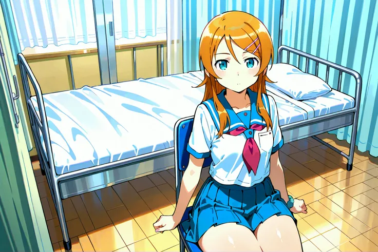 Expressionless kousaka kirino, serafuku, blue pleated skirt,short sleeves, red neckerchief,black socks, infirmary,sitting on chair,thick thighs,looking at viewer