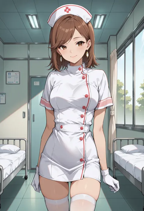 Score_9, score_8_up, score_7_up, source_anime, KJOdaia, solo, brown hair, brown eyes, medium hair, swept bangs, ring earrings, (best quality), (high quality), {masterpiece}, extremely delicate and beautiful, ultra-detailed, beautiful detailed eyes, nurse, ...
