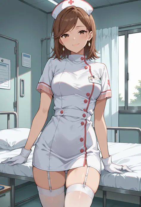 Score_9, score_8_up, score_7_up, source_anime, KJOdaia, solo, brown hair, brown eyes, medium hair, swept bangs, ring earrings, (best quality), (high quality), {masterpiece}, extremely delicate and beautiful, ultra-detailed, beautiful detailed eyes, nurse, ...