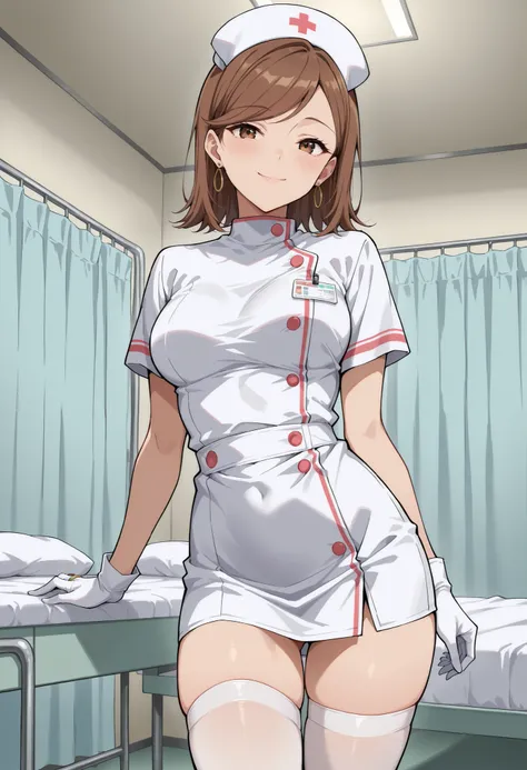 Score_9, score_8_up, score_7_up, source_anime, KJOdaia, solo, brown hair, brown eyes, medium hair, swept bangs, ring earrings, (best quality), (high quality), {masterpiece}, extremely delicate and beautiful, ultra-detailed, beautiful detailed eyes, nurse, ...