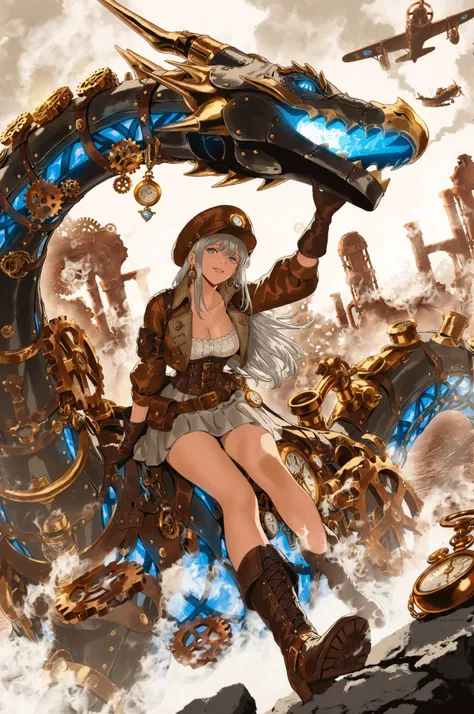 riding on a steampunk Dragon,long hair,slightly random hairstyle,Hair color is silver,A color reminiscent of metal,girl,decorated with metal parts,lens part is amber,Gears and small pipes,cropped cap,leather corset、Best、short jacket,The shirt is a puff sle...